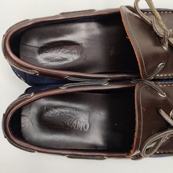 Salvatore Ferragamo Boat Shoes Brown Loafer Blue Suede Mens Size 10 D main image 7